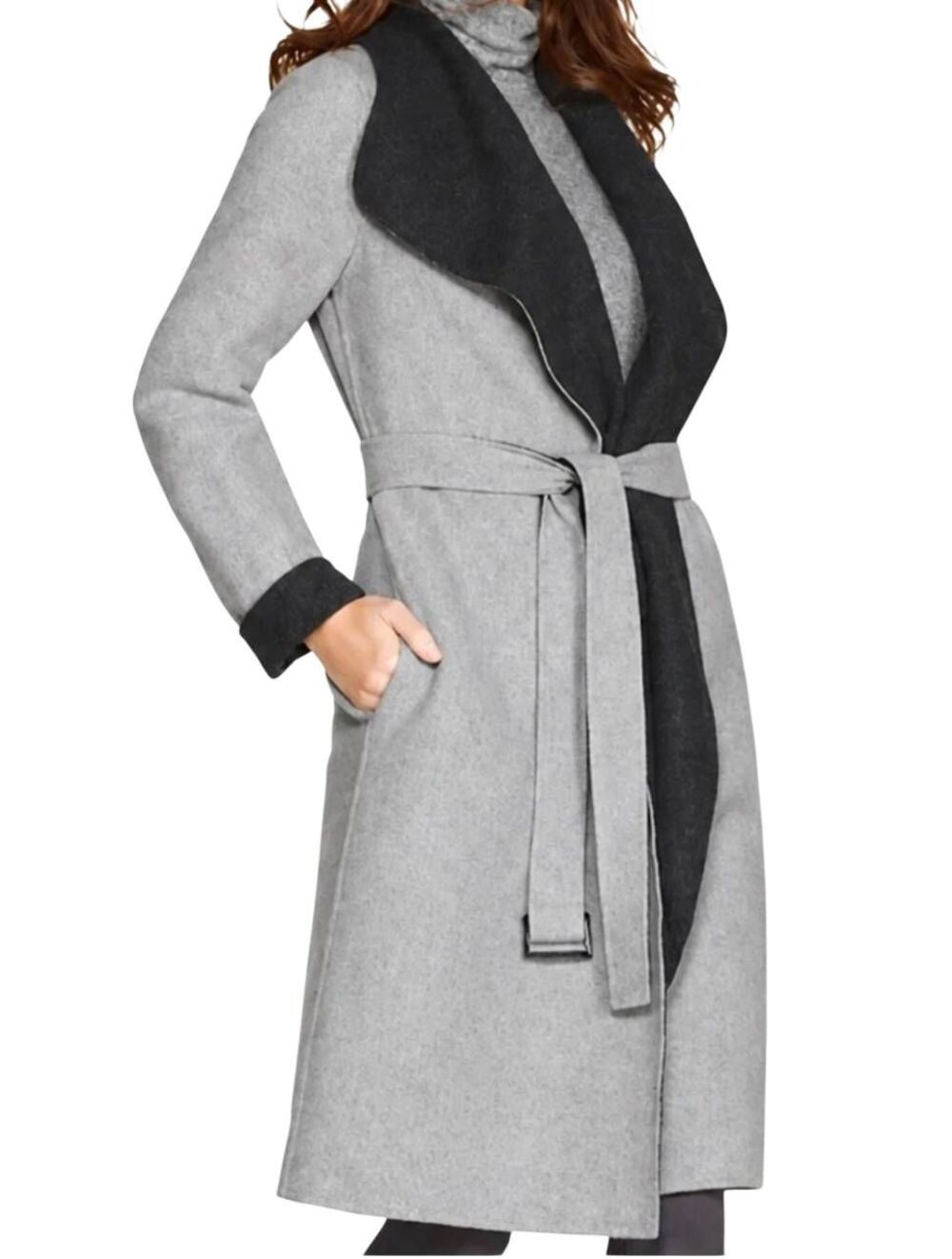 White House Black Market Jacket Women's Large Grey Wool Belted Open Reversible